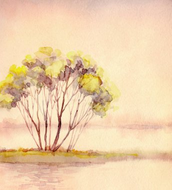 Parlak el çizimi suluboya ressamı temiz hava batımı sahnesi çiziyor. Kağıt arkaplan metin alanı. Açık sarı boya sanat eserleri çalılık vadi çimenliği sakin pembe gün manzaralı dere kıyısı manzarası