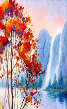 Suluboya boya bulutlu, bulanık, kayalık deniz kıyısı sahnesi, arka plan kâğıdı, metin alanı. Koyu kırmızı renkli sis bulutu vadi çağlayan deresi. Açık hava yabani çalı bitkisi kır manzaralı çizim çizimi