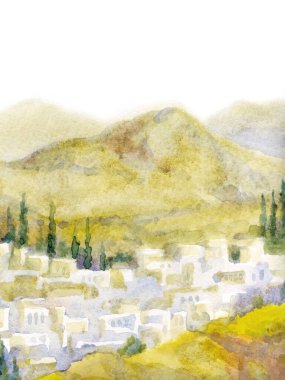 Jericho Vadisi 'ni geçtikten sonra taştan kale yolu Yahudi gökyüzü sahnesi klasik sanat grafik resim tarzında. Kutsal Antik Seyahat Suudi Mekanı. İncil 'deki Jaffa Kalesi Duvarı. Tapınak manzarası.