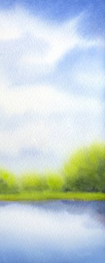 Renkli neşeli el yapımı suluboya kağıdı zemin masmavi cennet üzerinde metin için yer ile. Yemyeşil orman çalılar net sessiz creek yakın ufukta ile parlak yeşil güneşli çayır üzerinde ışık camgöbeği kümülüs