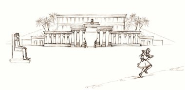 Lüks kumaşlı köle insan efendisi hızla şehir kapısına doğru gidiyor sıcak kum tepeciği yolu beyaz gökyüzü. Siyah çizgili eski çağ soylu Yahudi erkek inanç kralı cezalandırma hikayesi Tanrı 'ya dua et Doğu Arap sanat eskizi tarzı sahne 