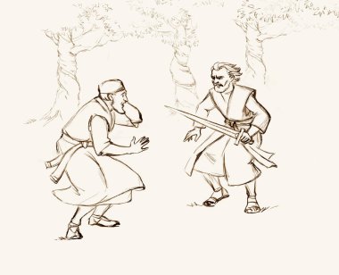 Şeytani tehlikelere göğüs germek yaşlı, yetişkin bir erkek savunma eli güçlü bir İsrail Yahudi bıçağı çekti. Savaş gücü çatışması eski çağ İncil 'e ait hikaye kumaş kumaş korsan korsan korsan şövalye hırsız hırsız suç istismarı