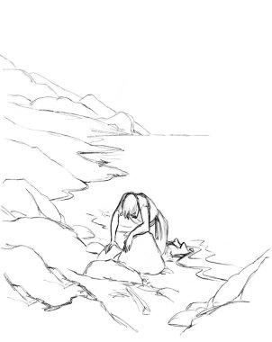 Yaşlı, yalnız, erkek, taş gibi kumlu, risk taşıyan bir yelkenli kadın nehir gölü, beyaz gökyüzü. Geriye sadece canlı kalan İsrailli denizci yüzücü, İncil 'de anlatılan eskiz sanatına yardım etmesi için dua ediyor.