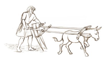 Yandan bakan erkek evcil hayvan çiftliğine gider köle çiftliği ilkbaharda doğal Asya beyaz gökyüzü mesaj uzayı. Kara kalem çizimi, grafik çizimi, at resmi, kısrak, Asya İncili kültür simgesi.