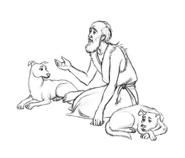 Asian Israel alone jewish Lazar prayer beg help alm. East torn dirt rag robe cloth sad pity mourn lost ill lone male jew hobo seat cry pray God Jesus Christ old retro hand drawn sketch faith story art