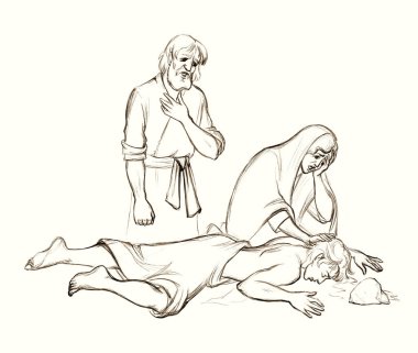 Hand drawn art sketch young adult dirty cloth sad lost ill sick sin war stab male teen guy boy kid body fall lay field. Old antique abuse poor pain weep mom Eva girl wife love grief ask sky god story 