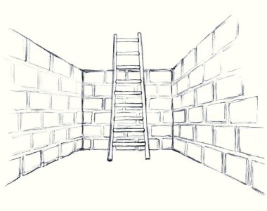 Dark black outline hand drawn view stone brick block tunnel maze No lost doom trouble stress life crisis restrict trap ban lead climb step tool icon sign faith idea white sketch retro line graphic art