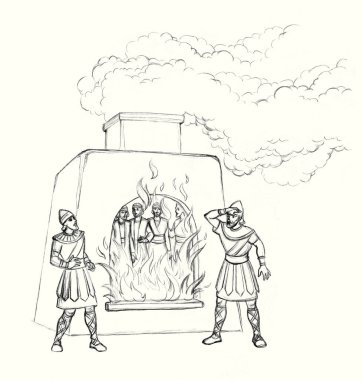 Doğu Suriye yasalarına göre 3 yaş grubu kollarını bağladı. Yahudi erkek kurban ocağın dumanına dayanmak için dua ediyor. Çizgideki kalem el, geriye doğru çizilmiş. Yazar İranlı Arap. Panik atak, korku, ölüm.