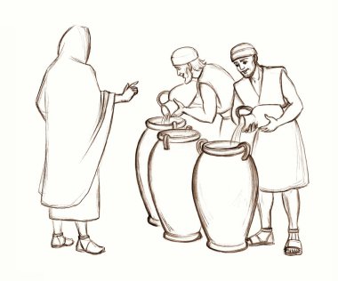 Holy lord stand teach pray male guy human work faith hold jar bowl cup old god supper story art sketch. Retro east dress cloth hand drawn rear back saint savior look smile steward rural Galilee scene