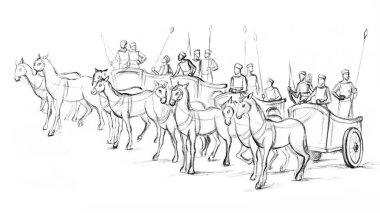 İncil Çağı güçlü Spartalı okçu güçlü hızı fethetti Yahudi erkek kol 2 şövalye zırhlı muhafızlar Sezar 'a beyaz toza saldırdı. Yahudi yayı, kara el, İncil 'de geçen İsrail mitolojisinde Tanrı' nın eskiz sanatı.