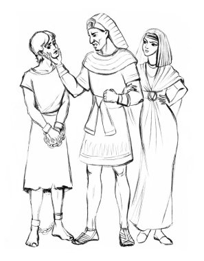 Eski muhafız hükümdarı, yakalanan zincirli hostag kurbanını satın alırken yakalandı. İhanet eden genç, beyaz, çaresiz erkek çocuk. Potiphar 'ın kadın vatan hainliği günah sahnesine direniyor. Kutsal inanç. Tanrım. Eskiz hikayesi.