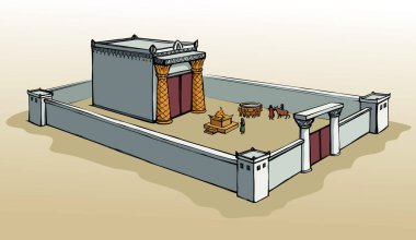 Aziz altın Herod evi sütun çitleri kralı Tanrı 'ya ateş erkek öküz öküz koyun kuzusu hediye tepesi beyaz gökyüzü sunuyor. Yahudi Torah Kanunu 'nun dağ ritüeli Aziz David' in ev imzası taslak çizimi sanat tarzı.