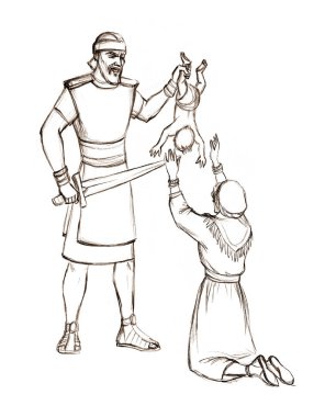 Yarı yahudi küçük çocuğu bölmek, yargıcın acı çekmesi, gözyaşı savaşı diye bağırması. El işi yaşlılık, doğu, kötü düşman, silahşör, savaşçı, şövalye, saldırı, zavallı ölü Yahudi kız, sanat eskizi.