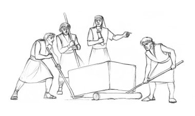 Geçmişe dönük Doğu Yahudi kolu İncil 'deki tanrı hikayesi gökyüzü. El çizimi sanat eseri Yahudi Yahudi İbrani usta duvarcı ustası büyük sopa rulo büyük ağırlık kaldırma taş onarım rubbl ahşap şehir kale harabe