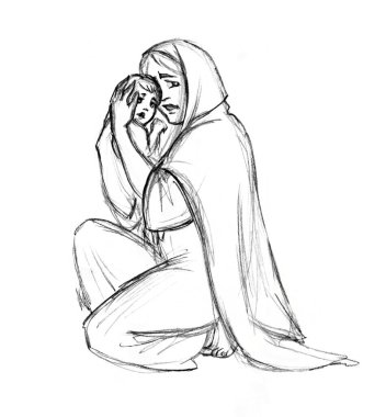 Üzgün gözyaşı zavallı Doğu Yahudi Arap anne kucak kucak al küçük hasta küçük bebek kucak güvenli sığınak bomba krizi eski İncil 'de anlatılan hikaye hüzün ile yüzleş Tanrı' ya dua et eski İncil 'den bir eskiz çizilsin