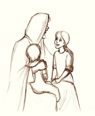 Yetişkin Yahudi, gel ve Tanrı 'ya kollarını tutmasını, dinlenmesini, gülümsemesini söyle. Sanat eskizi çizilmiş kutsal Yahudi umudu neşe dolu yüzler tanrı inancı eski İbrani kilise dini hikayeleri