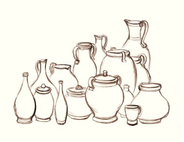 Yakın çekim İncil grubu bir sürü boş kırsal şarap şişesi bardak seti. Kırsal toprak yiyeceği, çamur sütü kavanozu, el işi, İncil 'de geçen sanatçının yetenek sembolü, hatıra ürünü.