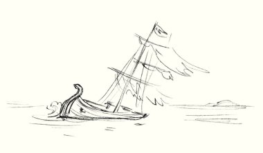 Kayıp İnciller, Roma donanmasının güverte direği sıçrama gölü batma tehlikesi, sahil kıyısı, beyaz gökyüzü mesaj uzayı. Denizci Paul Sos hayat kurtarır İncil 'deki el yazısı çizimi sanat sembolü