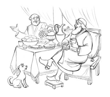 Middle East Asian Arabian old drunk male jew guy group hold cup tasty wine fun merry cheer laugh Islam iftar greet event dog retro home. Hand draw story art sketch happy joy smile talk bake bread dish