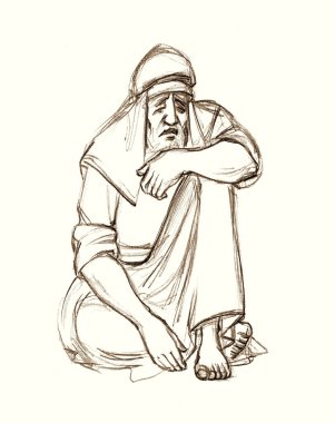 Lone poor rural guy tired prayer Jonah ask beg help job white Asian eastern robe cloth. Mourn grief fear lost sick ill needy hobo male jew tramp rest seat weep cry pray God retro hand drawn story art