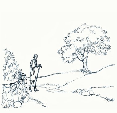 Asian lone sad sin jewish male guy slave worker go home tree land track trip way Alone dirty jew old torn robe cloth sin human cry God Jesus Christ faith retro hand drawn eastern arab story sketch art