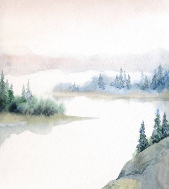 Açık kağıda elle çizilmiş suluboya resim. Yazı uzayı. Taze taiga tarlası çalılığı. Çalı bitkisi, kayalık arazi. Sessiz bulutlu sonbahar hayatı eski Alp Slope Park sanat eserleri sahnesi. Pond Creek Körfezi manzaralı