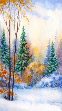 Parlak el, karton resimli arkaplanda cennetteki metin alanının üzerine suluboya manzaralı çizimler yaptı. Sessiz kış zamanı mavi renkli gün batımı sanatçısı sahnesi. Beyaz sakin buzlu Xmas Huş Tepesi Vadisi