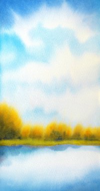 Renkli neşeli el yapımı suluboya kağıdı zemin masmavi cennet üzerinde metin için yer ile. Yemyeşil orman çalılar net sessiz creek yakın ufukta ile parlak yeşil güneşli çayır üzerinde ışık camgöbeği kümülüs