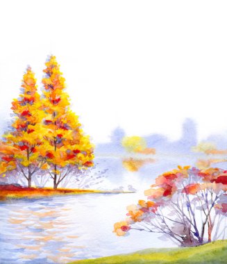 El çizimi suluboya taze çimen sahnesi kağıt metin arkaplanı. Parlak kırmızı turuncu renkli boya çalılık sakin, serin hava günü. Manzaralı dere dalgalı ördek sürüsü kumsalı kırsal alacakaranlık manzarası