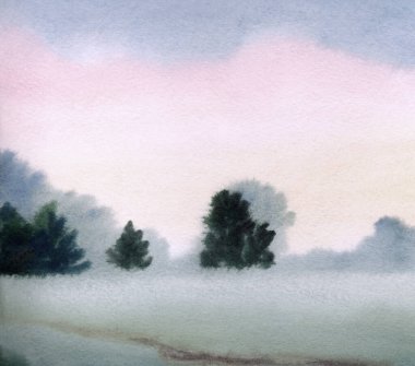 El çizimi açık renkli suluboya resim taslak su deresi deresi, gölet kıyısı yağmur sahnesi, kağıt metin arkaplanı. Pembe renk sakin sonbahar sisi duman çalılık ağaçlık bitki izi kırsal manzara