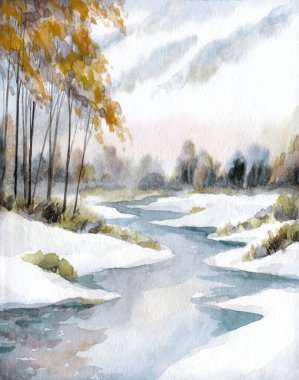 Parlak el çizimi akvaryum boyası. Yeni yıl eskizi. Manzaralı hava manzaralı. Beyaz renk, çayırlık, sonbahar, çalılık, soğuk, donmuş dere, bahar günü sahnesi.