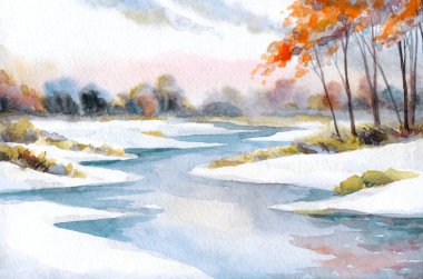 Parlak el çizimi akvaryum boyası. Yeni yıl eskizi. Manzaralı hava manzaralı. Beyaz renk, çayırlık, sonbahar, çalılık, soğuk, donmuş dere, bahar günü sahnesi.