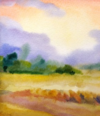 El çizimi açık renk resim karalaması sisli bahar yağmuru sahnesi sahne kağıdı metin arkaplanı. Sakin sonbahar dumanı olgunlaşmış tahıl, ekin manzarası çalı, köknar ağacı, soyut manzara.