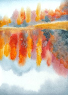 Canlı bir el çizimi akvaryum taze kavak çamı sisi sahne kağıdı metin alanı arkaplanı. Parlak kırmızı turuncu el işi çimenleri çalıları çalıları serin hava günü manzaralı dere kıyısı kırsal manzarası