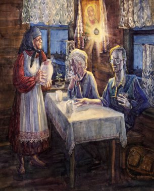 Poor ancient human love smile mom lady veil scarf shawl look meet talk hold pot jar meal food jug cup wooden hut seat light icon lamp dark dusk sky. hand draw son girl sit even night retro graphic art 