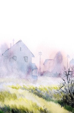 El çizimi suluboya ahır kulübesi açık kağıt metin arkaplanı. Sakin, nemli, sisli, kır ağacı manzaralı, dumanlı, parlak, mavi renkli, geçmişe dönük sanat eserleri.