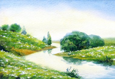 El çizimi suluboya eskiz, beyaz kart arkaplan arkaplan metni üzerinde bulanık manzara. Yeşil renkli yağmur sisi gün batımı. Sakin kavak köknarı vadisi kırsal park deresi sahil mevsimi sahnesi