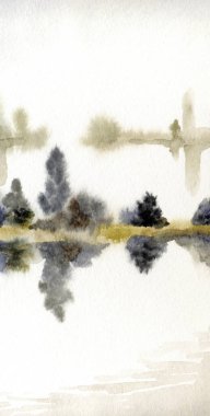 El çizimi suluboya resim çizimi kağıt metin alanı. Kırsal sakin çalı çalısı, çalı tarlası, dere yatağı, sel, yağmur manzarası. Serin bahar sisli sonbahar kumsal eski sanat eserleri sahnesi