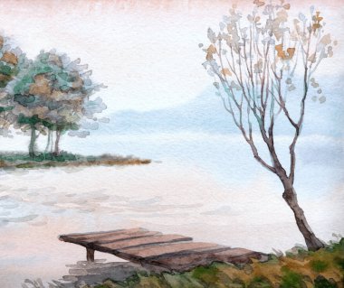 El yapımı parlak pembe suluboya resim çizimi, arka plan kağıdının arka planındaki bulanık manzara. El çizimi açık renkli bulutlu cennet. Sakin Sis Vadisi Parkı Rıhtım Sanat Manzarası