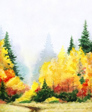 Kağıt desenli arkaplana elle çizilmiş suluboya resim. Taiga nemli sis günü manzaralı bulutlu manzara üzerine metin uzayı. Parlak kırmızı turuncu renk yabani çimen bitkisi kara akrilik Rusya manzarası