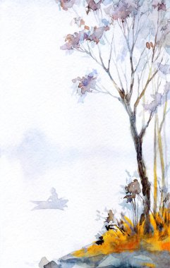 El çizimi resim çizimi, Creek Körfezi sisi, yağmur sahnesi, arka plan kâğıdı, metin alanı. Açık gri renkli, sisli, bulutlu, sakin, eski, kır bahçesi, okyanus yelken taşları, kumsal çalıları, sonbahar manzarası.