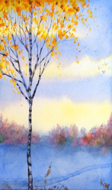 Renkli, canlı bir el, kağıttan arkaplan üzerine suluboya resimler çizmiş. Parlayan cennette mesaj alanı. Sakin, nazik kış şafağı pisti sahnesi. Buzlu ve sakin bozkırda genç huş ağacı tacı.