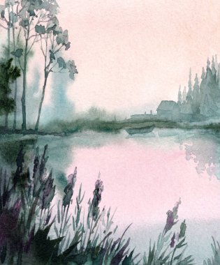 Hand drawn paint artwork quiet rural hill hut home rain cloud scene sketch text space. Sun dawn light calm old travel land bay green bush fir pine plant fall fog mist haze farm field flood artist view