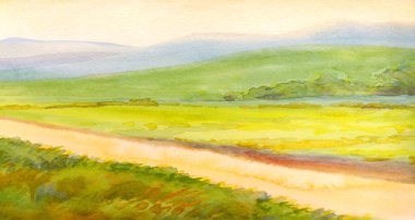 Bright hand drawn fresh haze mist fog mount cloud scene paper text space artwork sketch backdrop. Yellow color paint forest plant green wheat grass road path way calm weather sun day scenic brook view