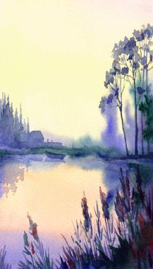 Hand drawn paint artwork quiet rural hill hut home rain cloud scene sketch text space. Sun dawn light calm old travel land bay green bush fir pine plant fall fog mist haze farm field flood artist view