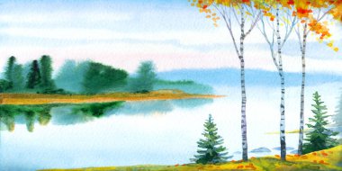 Hand drawn paint artwork quiet rain cloudy sketch white paper backdrop text space. Light blue color calm rural hill creek bay field wood shrub plant fall smoke haze marsh ocean sea shore scene view