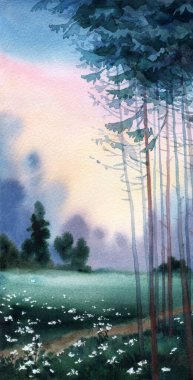 Hand drawn watercolour artwork calm sun fog haze fall old green garden lawn scene paper card text space backdrop. Dark paint sketch style rural farm way travel tall cedar spruce bush shrub scenic view