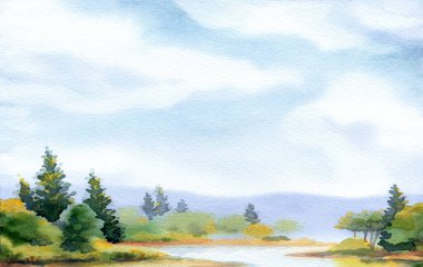 Hand drawn bright paint artwork quiet heaven scene sketch white paper backdrop text space. Light blue color calm rural hill swamp creek bay green grass field wood thicket plant fall haze fog mist view