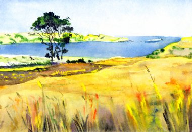 El çizimi parlak boya mavisi cennet sahnesi beyaz kağıt perde arkası metin alanı çiz. Açık sarı renk sakin tarla tarlası deresi koy yolu tahıl ağacı çimen, kaya göleti rüzgar manzarası