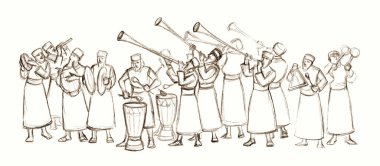 Geçmiş zaman kraliyet eğlence partisi erkek Yahudi rahip dua eder lir halk şarkısı çalar çıngırdar Doğu Yahudi üflemeli rüzgar düdüğü çalar bas gitar sesi İslamcı el çizer İncil 'deki sanat eserini çizer